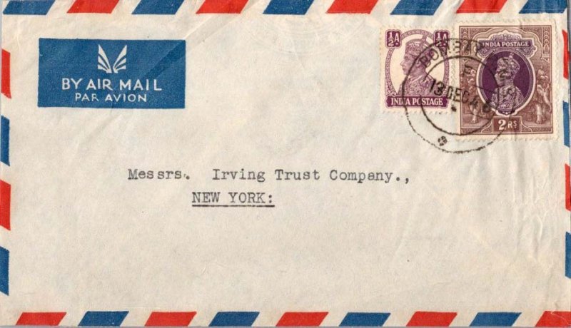 India 1/2a and 2R KGVI 1946 Bombay R.M. Airmail to New York, N.Y.