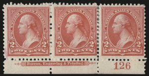 251 Mint,OG,HR... Imprint/Plate# strip of 3... SCV $1,600.00