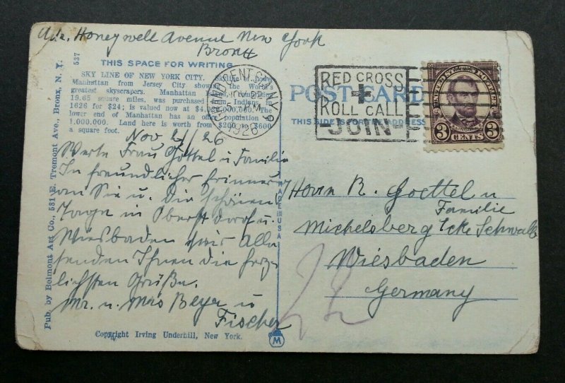 USA US To Germany New York Skyline 1926 (postcard) USED *Red Cross cancellation