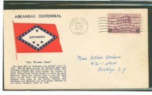 US 782 1936 3c Arkansas Centennial (single) on an addressed first day cover with a Grandy cachet.