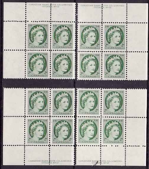 Canada id#12179-Sc#338-set of plate blocks#17-2c green QEII Wilding-Unused , og