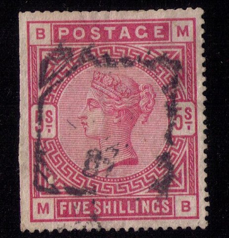 GREAT BRITAIN Scott #108 5 shilling carminestraight edge left F-VF