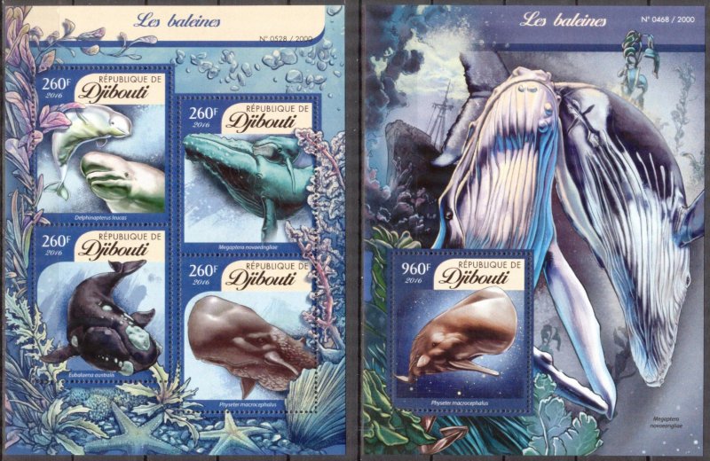 Djibouti 2016 Marine Life Whales Sheet + S/S MNH