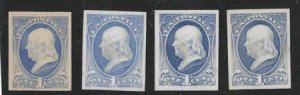 US 206P4 Essays and Proofs Mint 4 Diff Printings of Card Profs, 1885, 1890, 1...