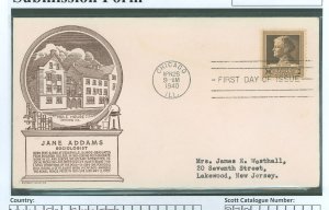 US 878 10c famous americans issue FDC, april 26, 1940 chicago, il, addressed w/ cachet honoring jane adams and featuring a settl