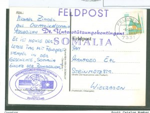 Germany  Fp card from Mogadishu. Somalia to Germany from a soldier in the German Continent. Front has picture of Bulldozer at wo