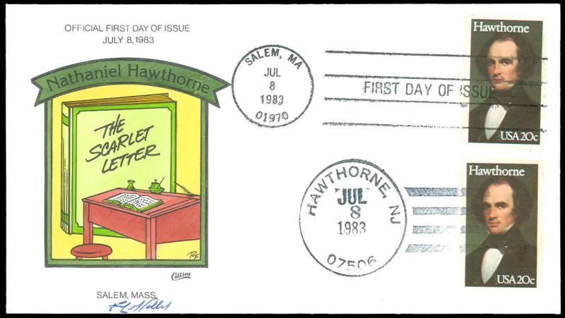 1983 COLLINS *SIGNED* HAND PAINTED FDC, Nathaniel Hawthorne Scarlet Letter #2012