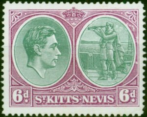 St Kitts Nevis 1944 6d Green & Purple SG74c P.14 Ordin Fine MM