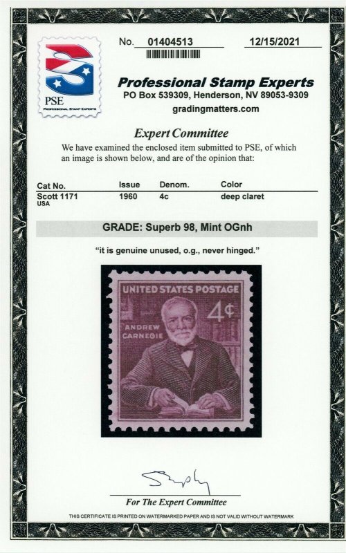 US Stamp #1171 Andrew Carnegie 4c - PSE Cert - Superb 98 - MNH - SMQ $60.00 