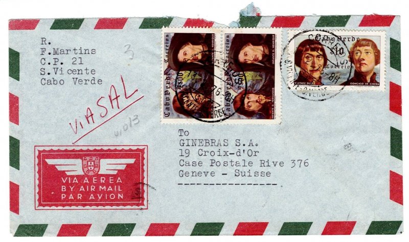 x Cape Verde AIRMAIL 1976? postmark S. VICENTE to GENEVE Switzerland Sc#278,282