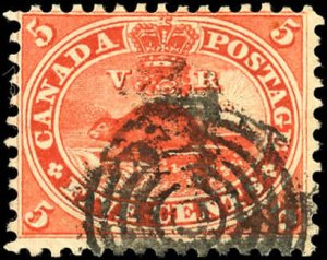 CANADA Sc 15 F/USED- 1859 5¢ Beaver - sharp, clear image - Nice target cancel