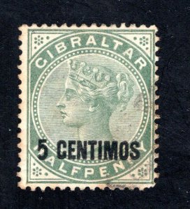 Gibraltar #22   F/VF, Used, 5cent on 1/2p green, CV $32.50   .....   2440024