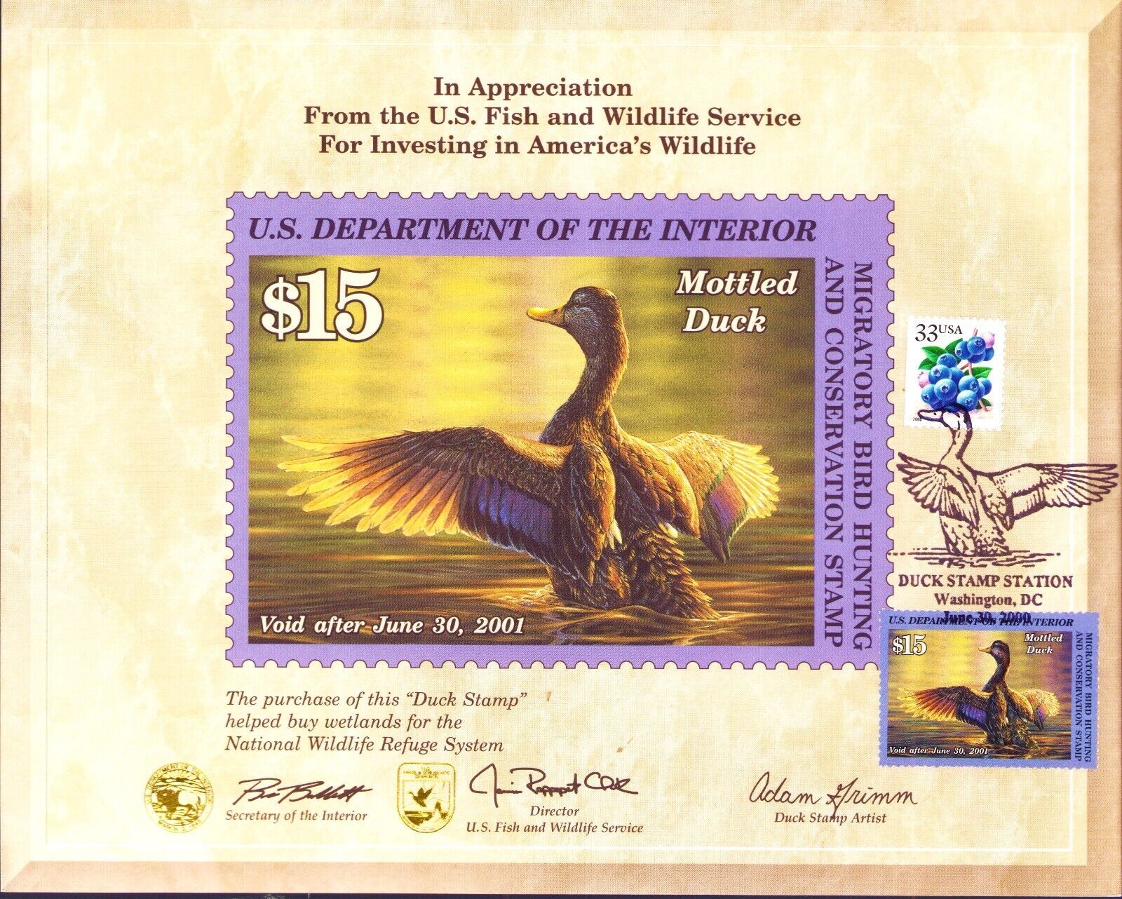 Rw67 First Day Duck Cancel On Certificate Of Appreciation Card Rw67 2000 United States Duck