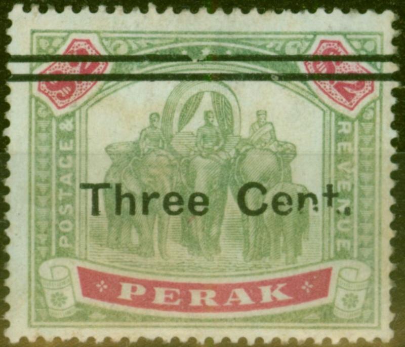 Perak 1900 3c on $2 Green & Carmine SG87var Broken Bar & Broken N, T Good Mtd... 