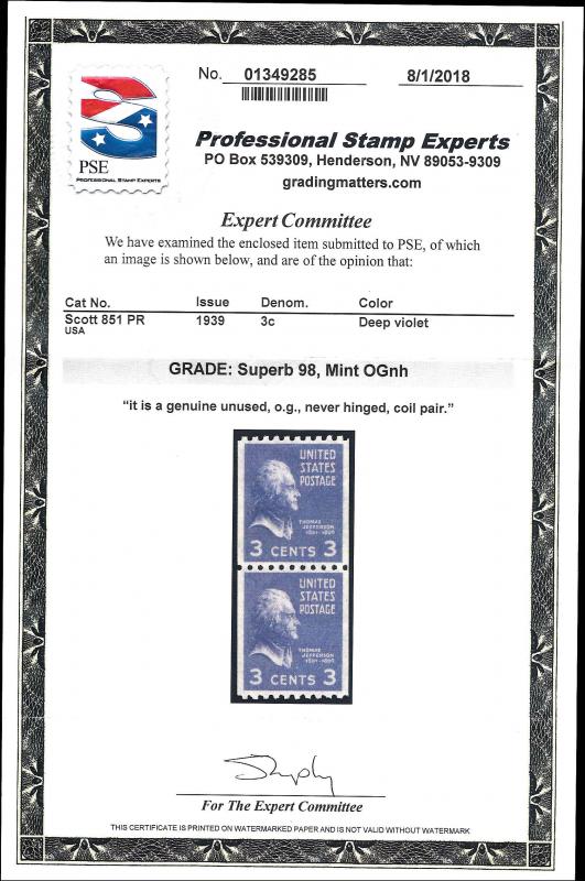 851 Mint,OG,NH Pair.. PSE Graded Supbeb 98.. SMQ $340.00.. Only 2 Graded Higher