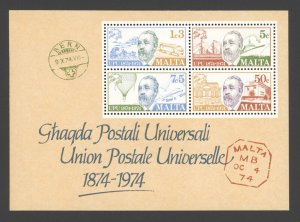 1977 MALTA - Scott 487a  Centenary of UPU Souvenir Sheet MNH