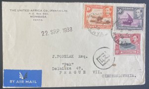 1938 Mombasa Kenya British KUT Airmail Cover to Prague Czechoslovakia