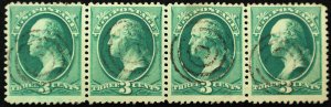 U.S. Used Stamp Scott #184 3c Washington Strip of 4. Unobtrusive Target Cancel.