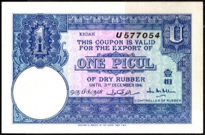 Scarce 1941 Coupon Federated Malay States Rubber Export 1 Picul of Dry Rubber