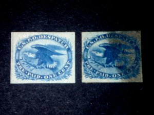 Lot 2 1851 US PO Despatch Carriers Stamp LO2 Rare F/VF, No Gum