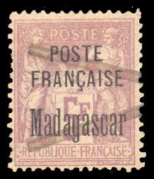 French Colonies, Madagascar #22 Cat$100, 1895 5fr lavender, used