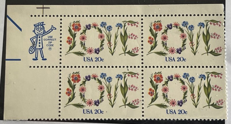 US 1982 Flowers Love stamp #1951 block of 4 Mr Zip mint