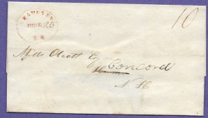 HANOVER, N.H. TO CONCORD, c1821 STAMPLESS FOLDED COVER, U.S. POSTAL HISTORY