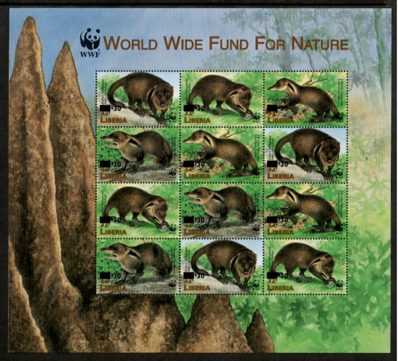 Liberia 1998 - WWF animals Mongoose - REVAL Sheet of 12 Stamps Scott #1321 - MNH