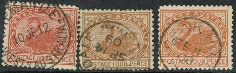 WESTERN AUSTRALIA 1905 SWAN 4D - ALL 3 SHADES WMK CROWN/A PERF 12.5 USED 