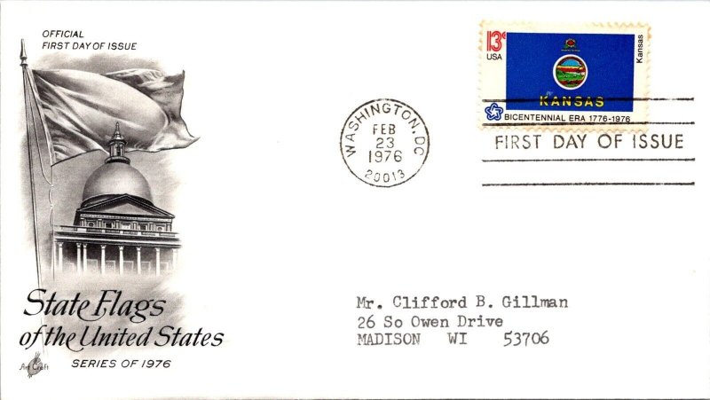 FDC 1976 SC #1682 Artcraft Cachet, Kansas - Washington DC - Single - J1340