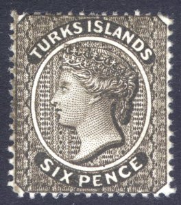 Turks Islands 1881 6d Olive Brn Wmk CC Swys Perf 14 Scott 41 SG 51 MH Cat $165