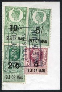 Isle of Man KGVI 10/- 5/- 2/6 and 6d Key Plate Type Revenues CDS on Piece 