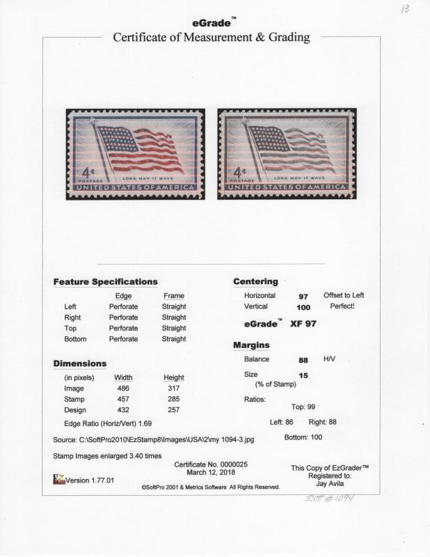 US Scott. #1094 American Flag Old Glory 1957 Mint N/H eGrade 97 XXF - Superb