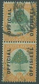 South Africa SC#O6 Orange Trees, Officals 6d PAIR, used wmk 201 wrd spc 11-1/2mm