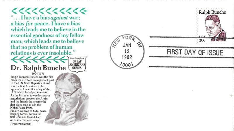 1982 FDC, #1860, Ralph Bunche, 5 diff. cachets
