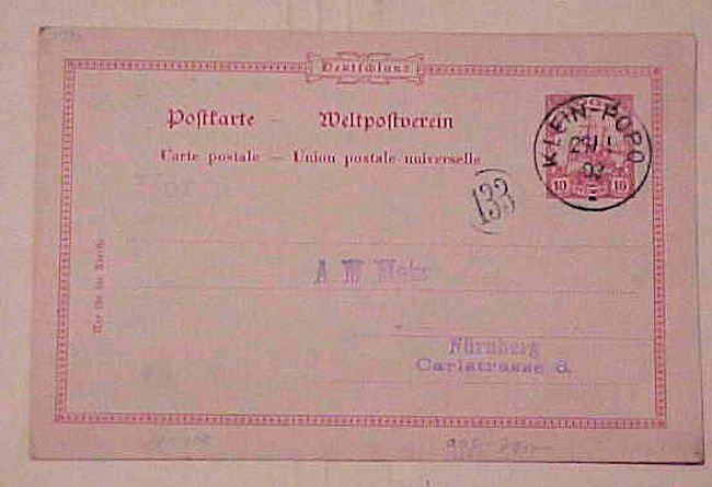 GERMAN TOGO POSTAL CARD #10 CAT.$55.00 KLEIN-POPO 1903