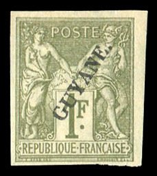 French Colonies, French Guiana #17 Cat$210, 1892 1fr bronze green, unused wit...