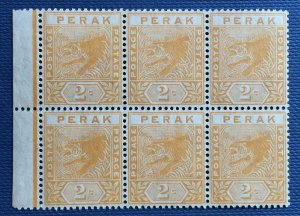 Malaya 1895 Perak Tiger 2c Block of 6V MNH SG#63 M3404