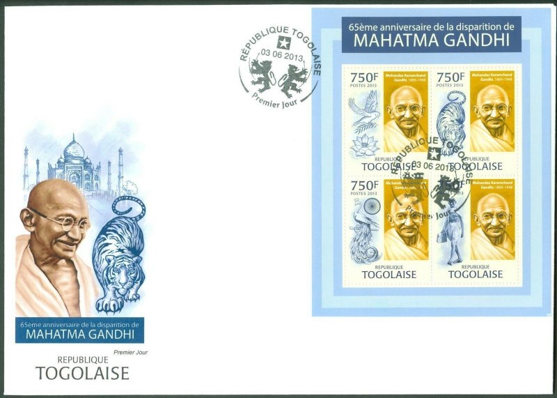 TOGO 2013 MAHATMA GANDHI 65TH MEMORIAL ANNIVERSARY SHEET OF 4 STAMPS FDC