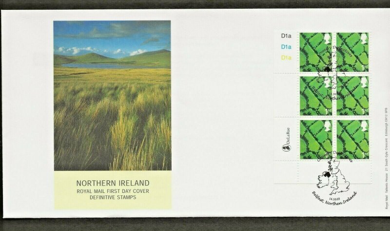 14/10/03 NEW DE LA RUE BYFLEET 2nd,1st,E,68p N.IRELAND EMBLEM,CYL.BLOCKSx6 FDCS 