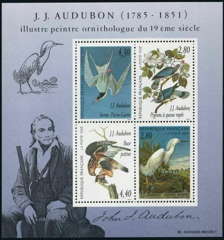 France 2462-2465,2465a,MNH. The Legacy of John J.Audubon,1995.Snowy egret,Pigeon 