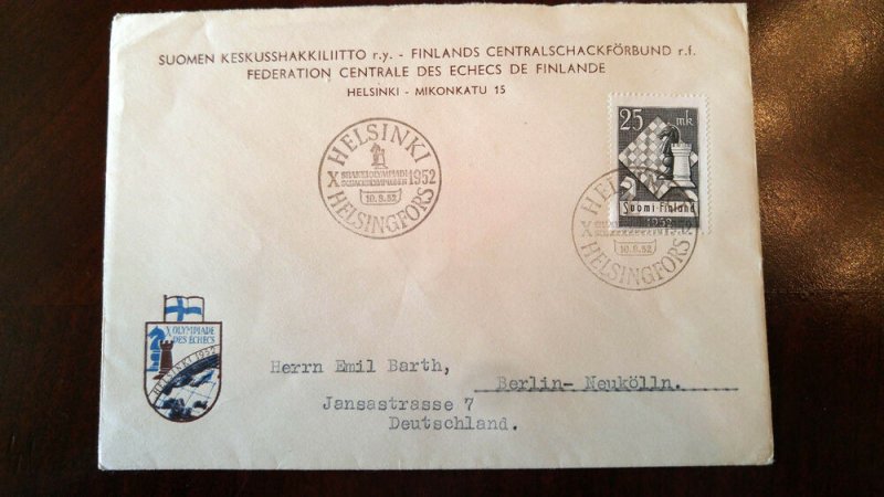 RARE FINLAND 1952 “CHESS” OLYMPIAD POSTALY USED 1ST DAY COVER TO GERMANY + LABEL