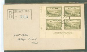 Canada 269 1946 10c Great Bear Lake, NWT (plateblock of four) part of the peace issue-on a registered addressed uncacheted first