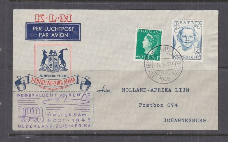 NETHERLANDS, 1946 KLM Proving Flight Airmail cover to Johannesburg, South Africa