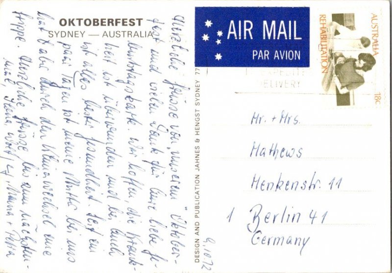 Australia 18c Handicapped Rehabilitation 1972 Sydney PPC Airmail to Berlin, G...