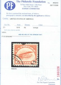 USA #C1 Extra Fine Used **With Certificate**
