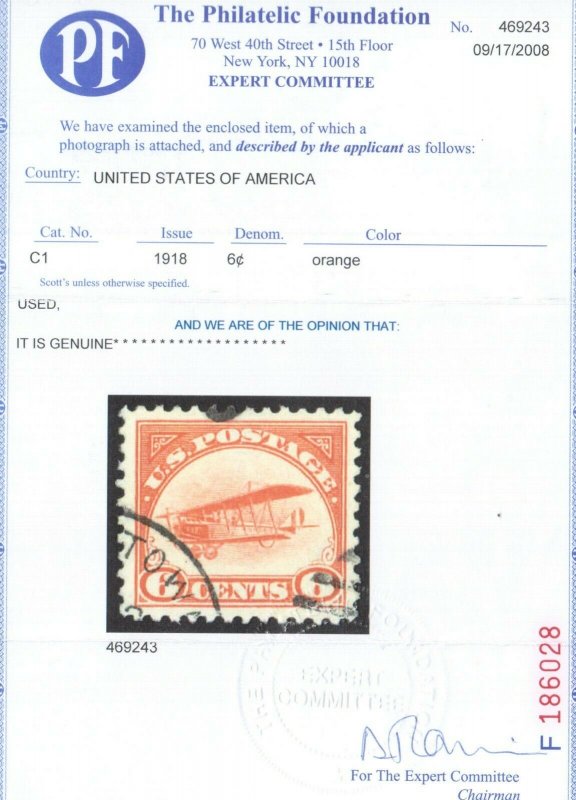 USA #C1 Extra Fine Used **With Certificate**