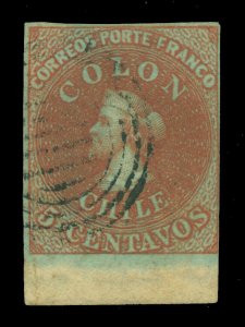 CHILE 1855 COLUMBUS 2d London (Perkins Beacon) 5c brn red Sc# 8 used VF pos. 235