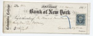 1863 R5a 2 cent bank check revenue imperf Columbia College April 20 EMU [y8085]