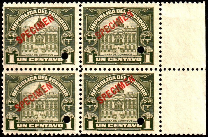 ✔️ ECUADOR 1920 - POST OFFICE TAX BL/4 SPECIMEN & PUNCH  SC. RA10 MNH [007]